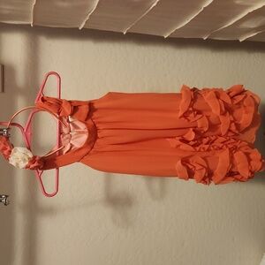 Cherokee Coral Dress w/ Ruffle Details & Matching Ruffle Flower Headband Size XS